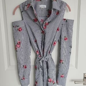 Calvin Klein Black and White Long Sleeve Dress with Notched Collar